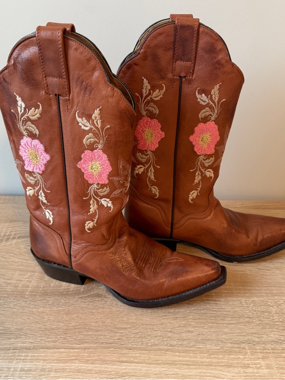 JB Dillon branded handcrafted  Leather Cowboy Boots with Pink Floral Embroidery